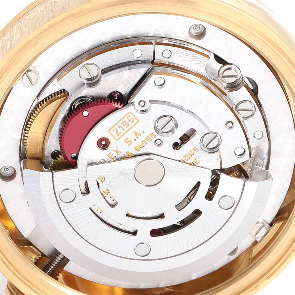 The image shows the inner mechanical parts and movement of a Rolex President 68278 Women
s Yellow Gold Champagne Dial 68278 Women
s Yellow Gold Champagne Dial model watch, viewed from the back.