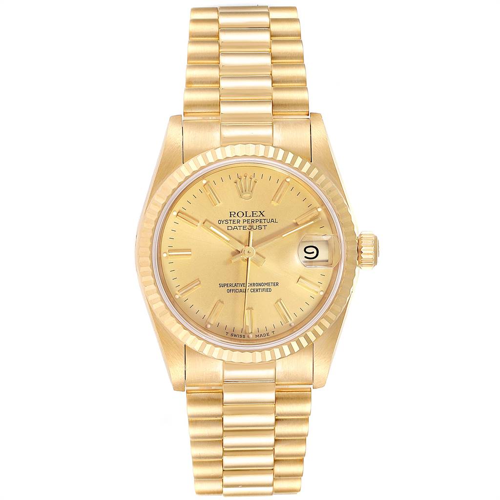 This image shows a frontal view of the Rolex President 68278 Women
s Yellow Gold Champagne Dial 68278 Women
s Yellow Gold Champagne Dial Oyster Perpetual Datejust watch, displaying its dial, bezel, and bracelet.