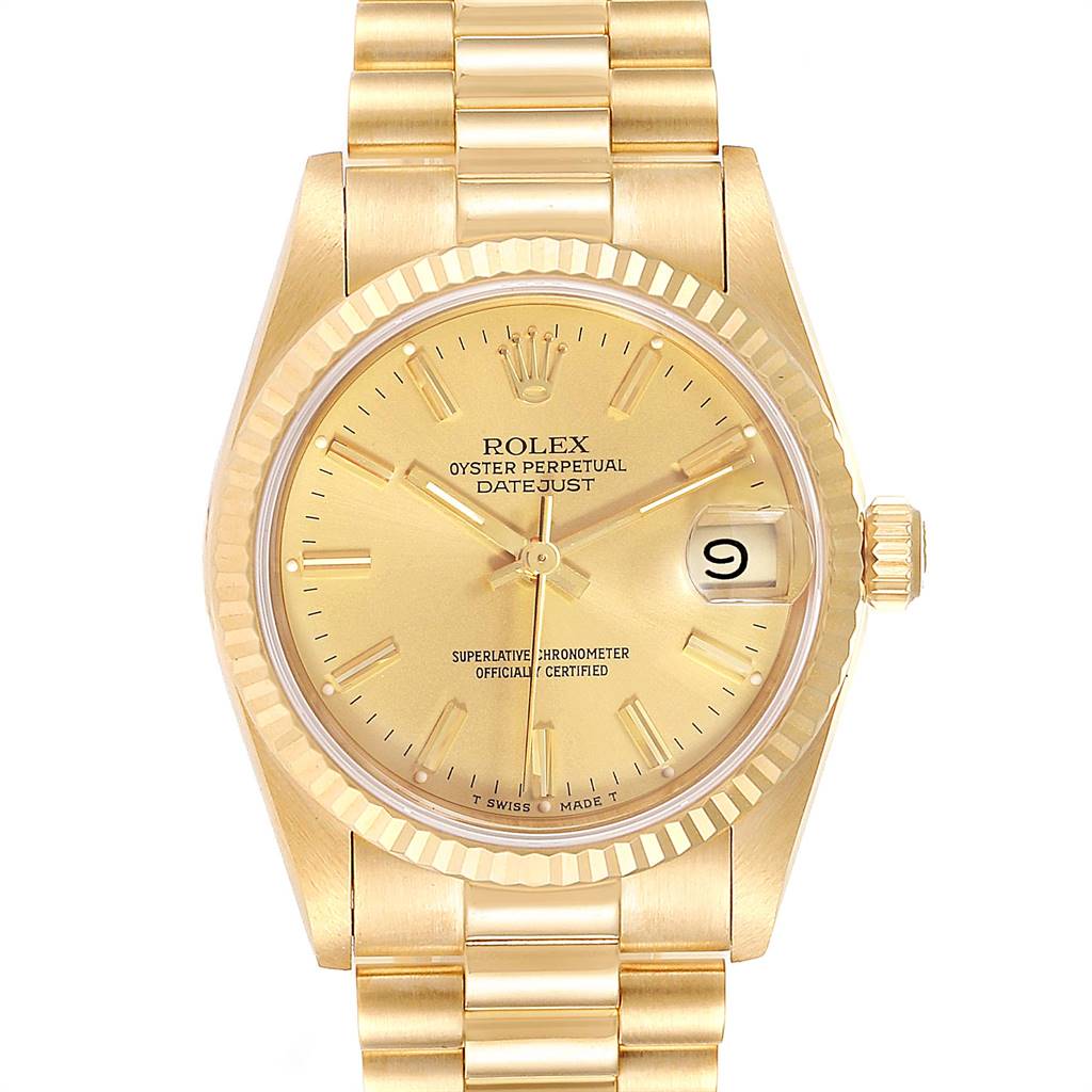 The image shows a front view of a Rolex President 68278 Women
s Yellow Gold Champagne Dial 68278 Women
s Yellow Gold Champagne Dial model watch, highlighting its dial, bracelet, and date window.