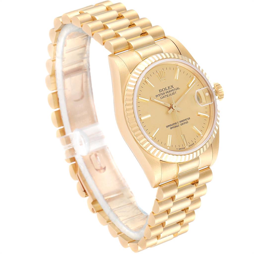 The image shows a Rolex President 68278 Women
s Yellow Gold Champagne Dial 68278 Women
s Yellow Gold Champagne Dial model watch at a three-quarter angle, displaying the dial, bezel, case, and bracelet.