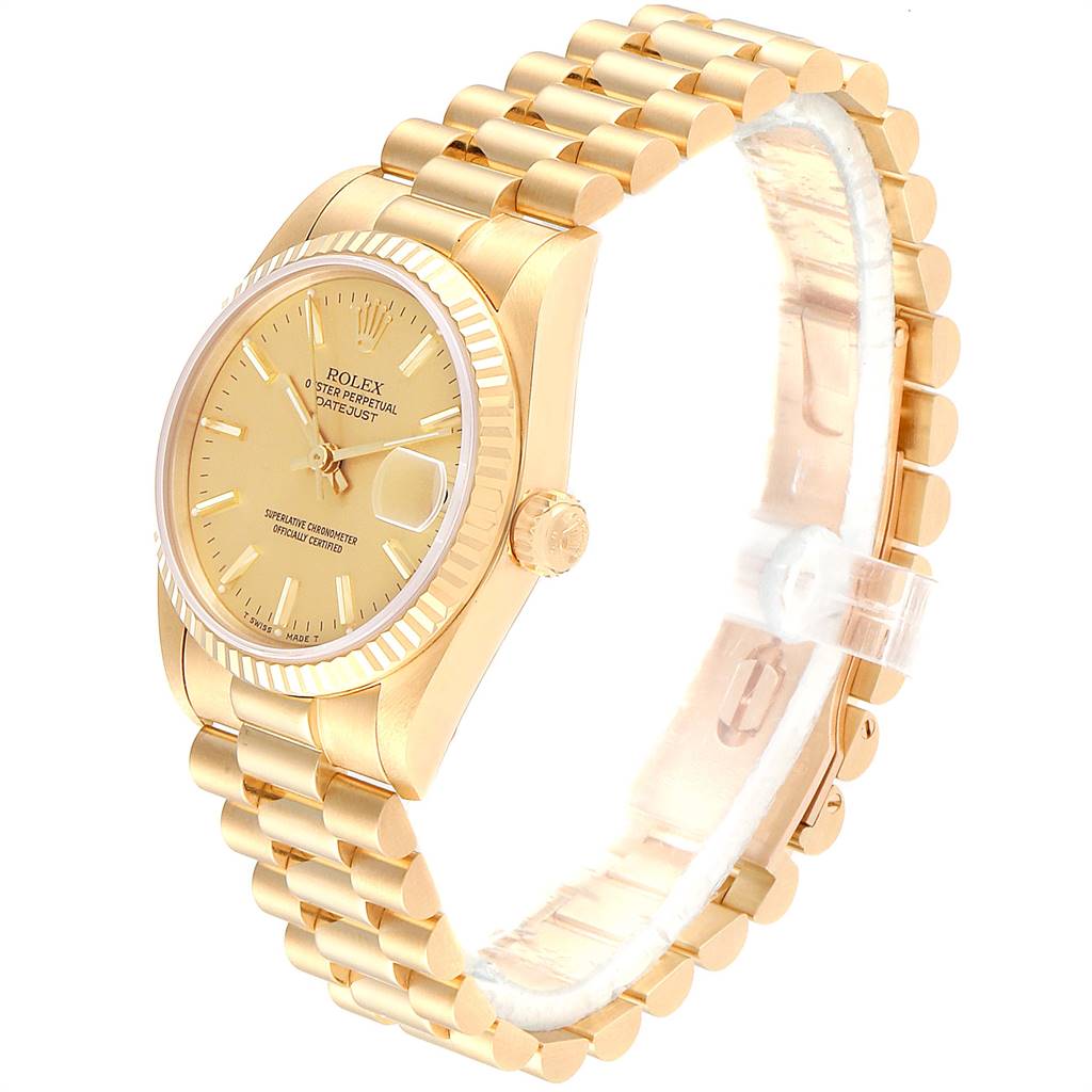 This image shows a side profile and partial front view of a Rolex President 68278 Women
s Yellow Gold Champagne Dial 68278 Women
s Yellow Gold Champagne Dial model watch, highlighting the band, crown, and face.