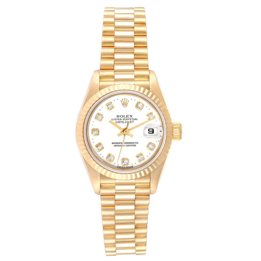 The Rolex President 69138 Women
s Yellow Gold White Dial 69138 Women
s Yellow Gold White Dial model watch is shown from a front angle, featuring its gold band, white dial with diamond markers, and date window.