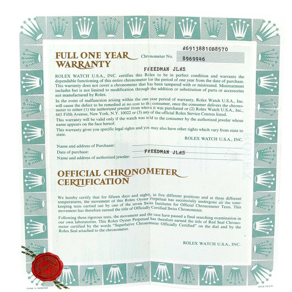 This image features the warranty and certification document for a Rolex President 69138 Women's Yellow Gold Silver Dial 69138 Women's Yellow Gold Silver Dial model watch.