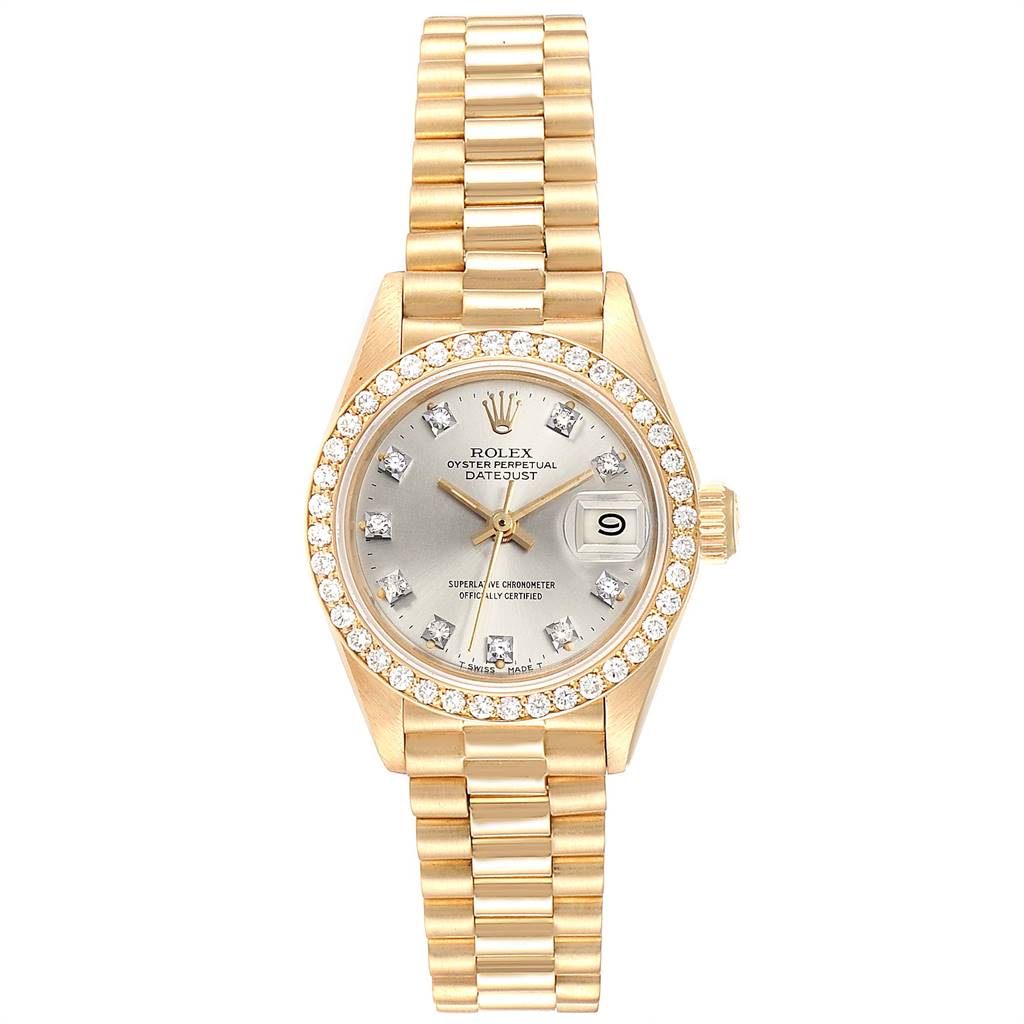 This is a front view of a Rolex President 69138 Women's Yellow Gold Silver Dial 69138 Women's Yellow Gold Silver Dial model watch showing the face, bezel, crown, and bracelet.