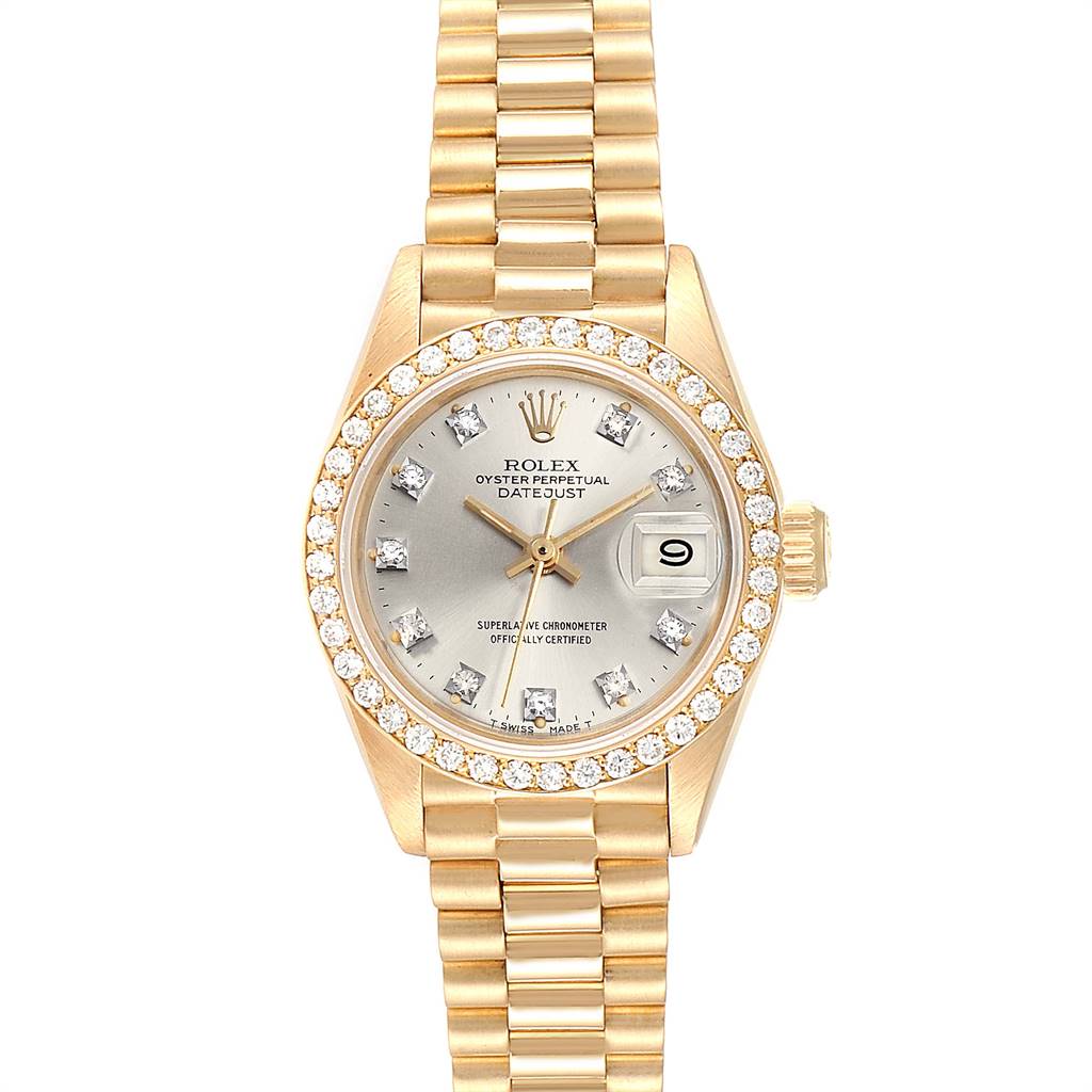 This image shows a Rolex President 69138 Women's Yellow Gold Silver Dial 69138 Women's Yellow Gold Silver Dial model watch from a top-down angle, displaying its face, bezel, and bracelet.