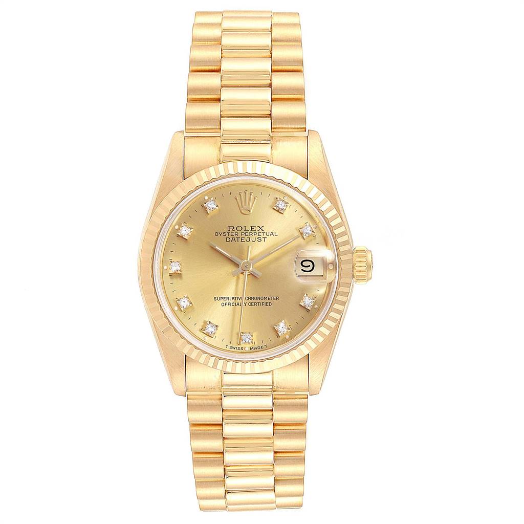 This image shows a frontal view of the Rolex President 68278 Women
s Yellow Gold Champagne Dial 68278 Women
s Yellow Gold Champagne Dial model watch, displaying its gold bracelet, dial, date window, and fluted bezel.
