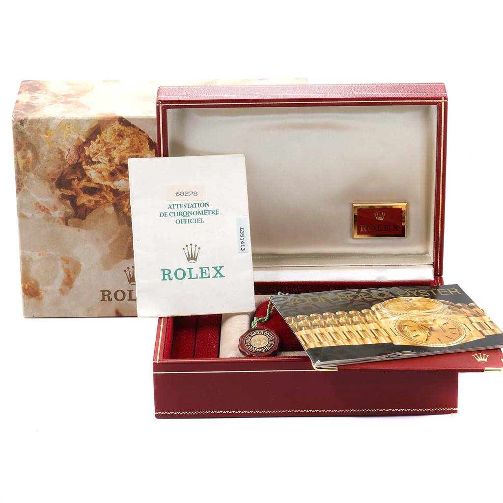 The image features the Rolex President 68278 Women
s Yellow Gold Champagne Dial 68278 Women
s Yellow Gold Champagne Dial model watch box, Best Quality
ity card, booklets, and a tag, viewed from the front angle.