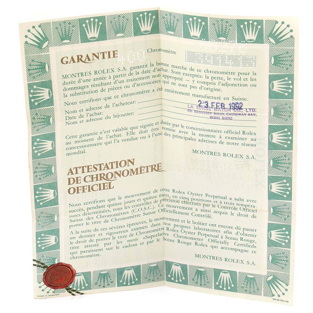 This image features the warranty and chronometer certification for a Rolex President 68278 Women
s Yellow Gold Champagne Dial 68278 Women
s Yellow Gold Champagne Dial model watch.