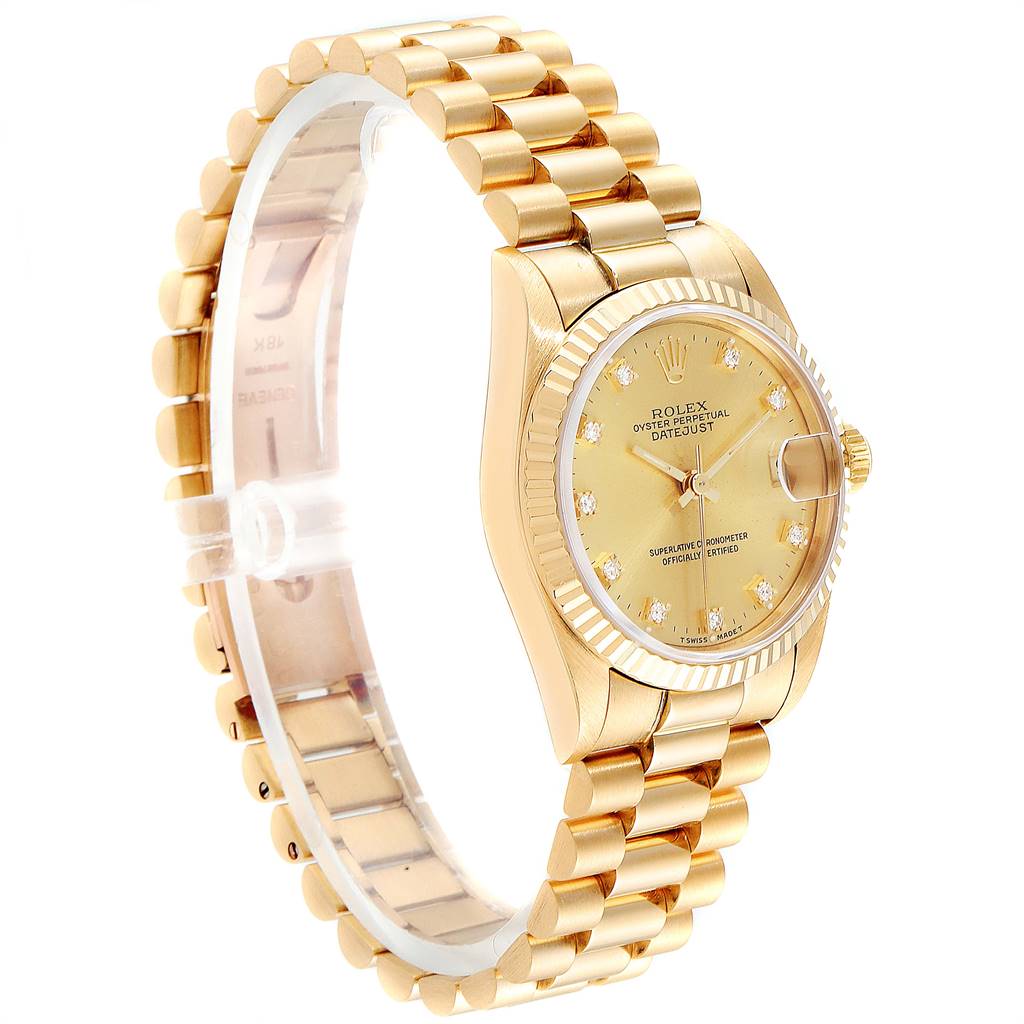 The image shows a side view of the Rolex President 68278 Women
s Yellow Gold Champagne Dial 68278 Women
s Yellow Gold Champagne Dial model, highlighting its golden bracelet, dial, and fluted bezel.