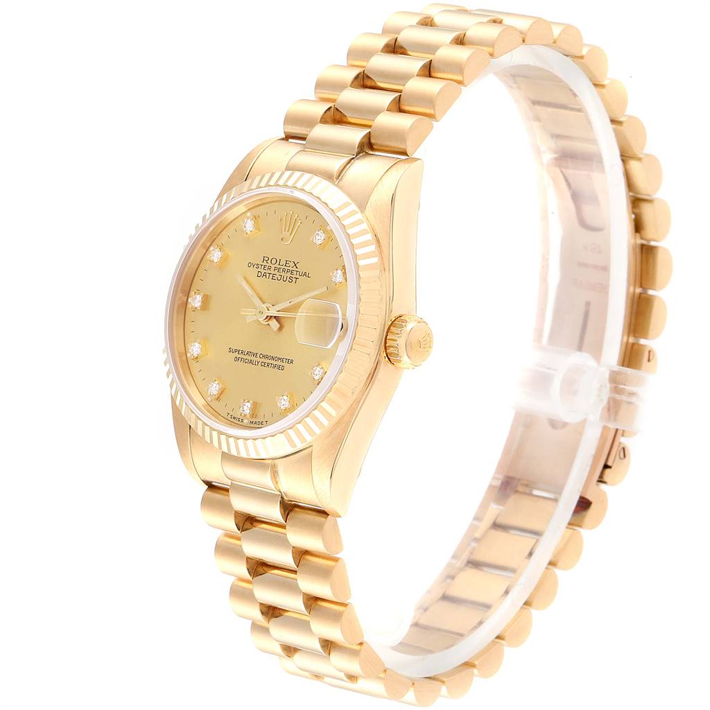 This image shows a Rolex President 68278 Women
s Yellow Gold Champagne Dial 68278 Women
s Yellow Gold Champagne Dial Datejust watch, angled to display the face, dial, crown, and part of the bracelet.