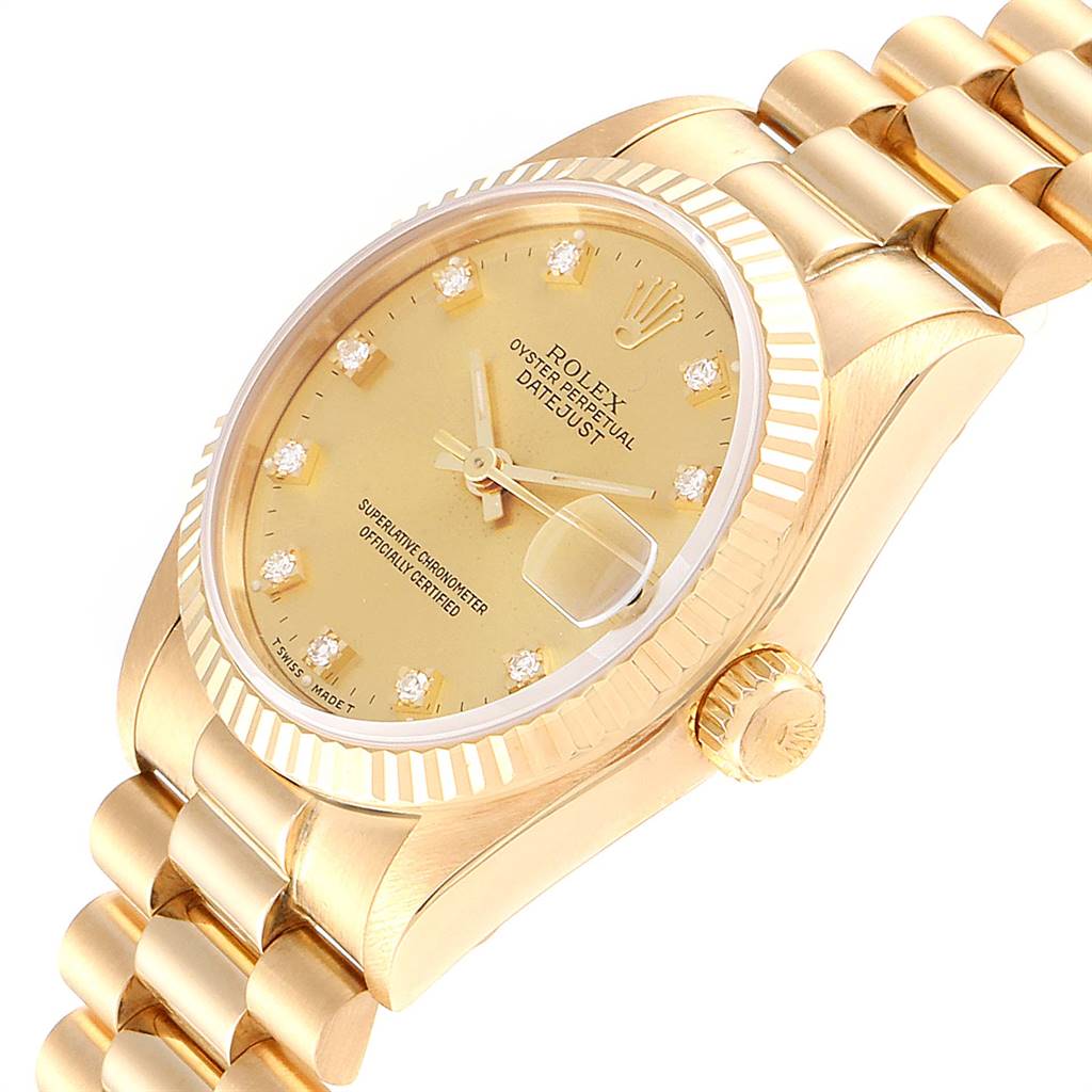 This image shows a Rolex President 68278 Women
s Yellow Gold Champagne Dial 68278 Women
s Yellow Gold Champagne Dial model watch at a slight angle, highlighting the gold dial, fluted bezel, and bracelet.