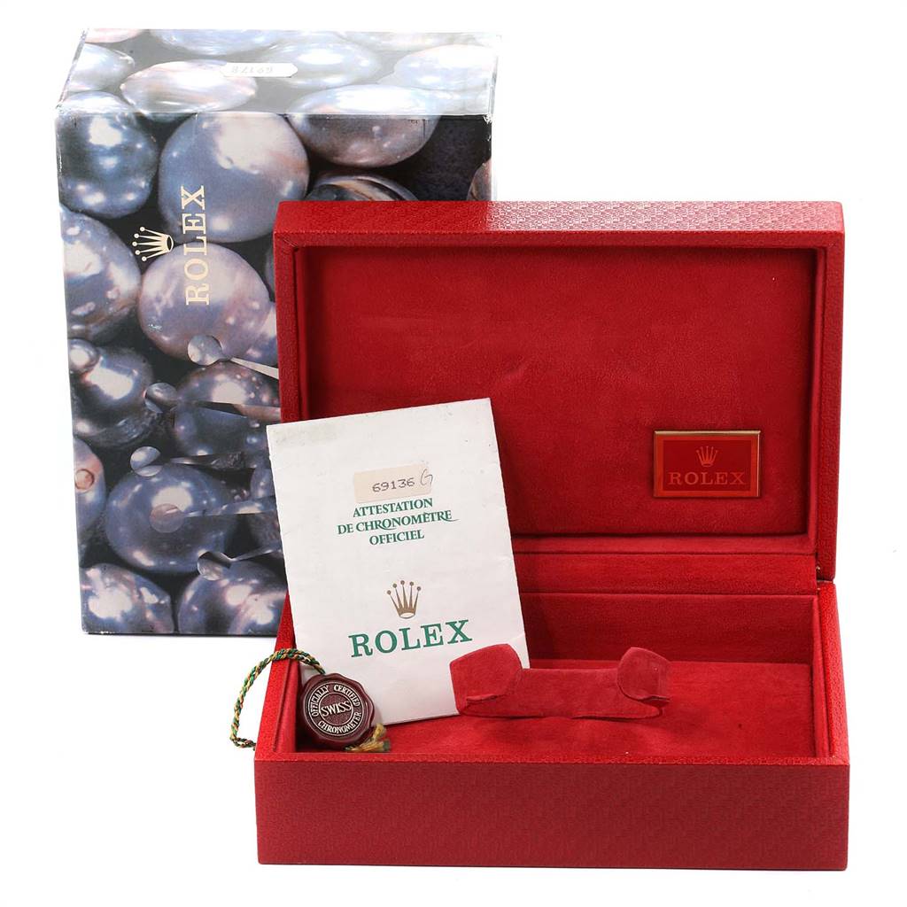 The image shows a Rolex President 69136 Women's Platinum Silver Dial 69136 Women's Platinum Silver Dial model watch box, official chronometer certification, and a Rolex tag.