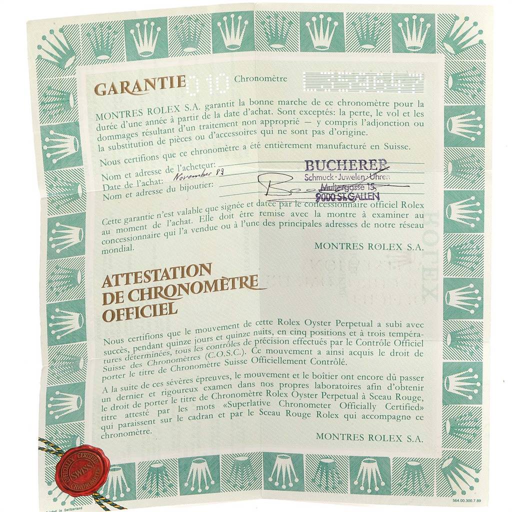 This is the warranty certificate for a Rolex President 69136 Women's Platinum Silver Dial 69136 Women's Platinum Silver Dial model, shown flat with printed text and logos.