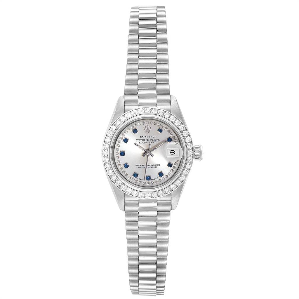 The image shows a Rolex President 69136 Women's Platinum Silver Dial 69136 Women's Platinum Silver Dial model watch from a front angle, highlighting its dial, bezel, and bracelet.