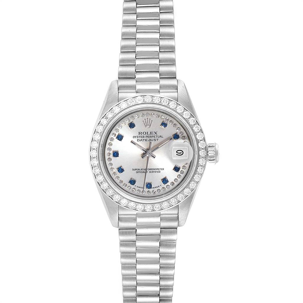 The image displays a frontal view of the Rolex President 69136 Women's Platinum Silver Dial 69136 Women's Platinum Silver Dial watch, showcasing its dial, bezel, and bracelet.