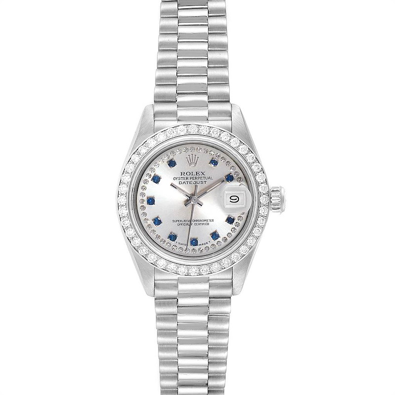 Rolex President Platinum Diamond Sapphire Ladies Watch 69136 Box PApers SwissWatchExpo