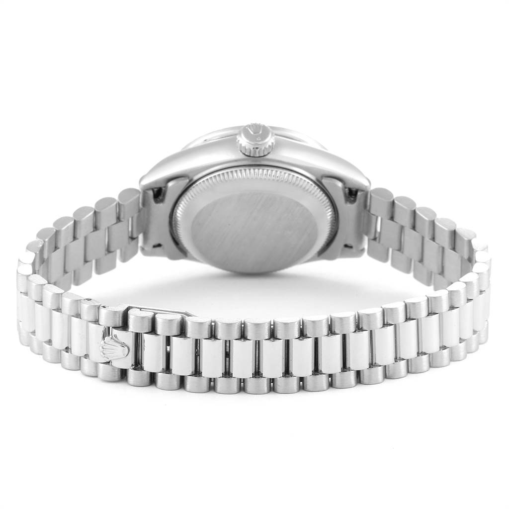 This image shows the back view of a Rolex President 69136 Women's Platinum Silver Dial 69136 Women's Platinum Silver Dial model, focusing on the watch case and the metal bracelet.