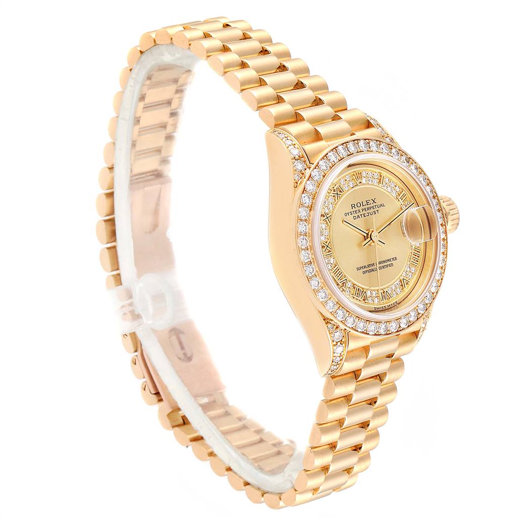 The Rolex President 79158 Women
s Yellow Gold Champagne Dial 79158 Women
s Yellow Gold Champagne Dial model watch is shown from a side angle, displaying its gold bracelet, diamond-accented bezel, and dial.