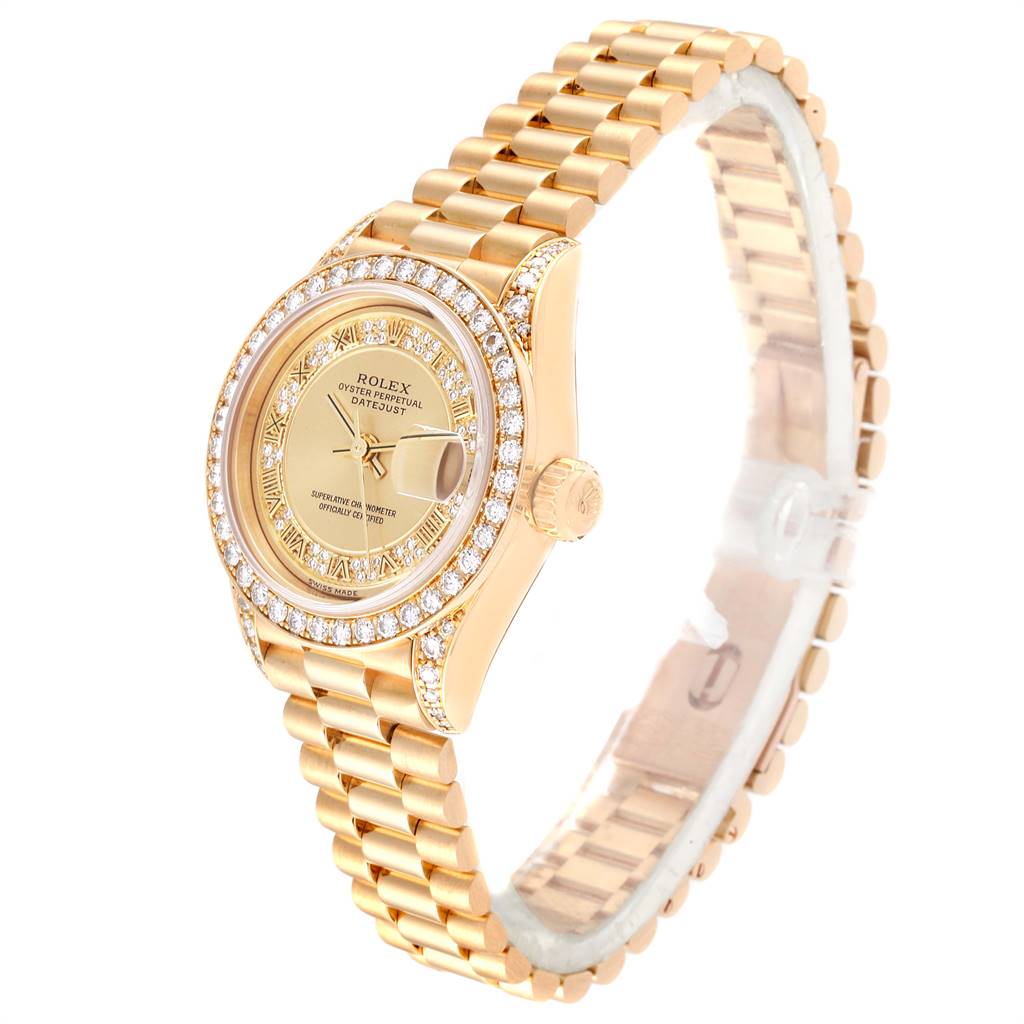 The image shows a Rolex President 79158 Women
s Yellow Gold Champagne Dial 79158 Women
s Yellow Gold Champagne Dial model watch at a three-quarter angle, highlighting the dial, bezel, and bracelet.