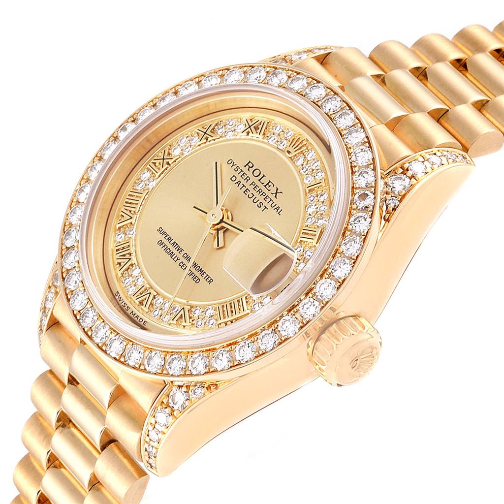 The Rolex President 79158 Women
s Yellow Gold Champagne Dial 79158 Women
s Yellow Gold Champagne Dial model watch is viewed from an angled perspective, showcasing its dial, bezel, and bracelet.