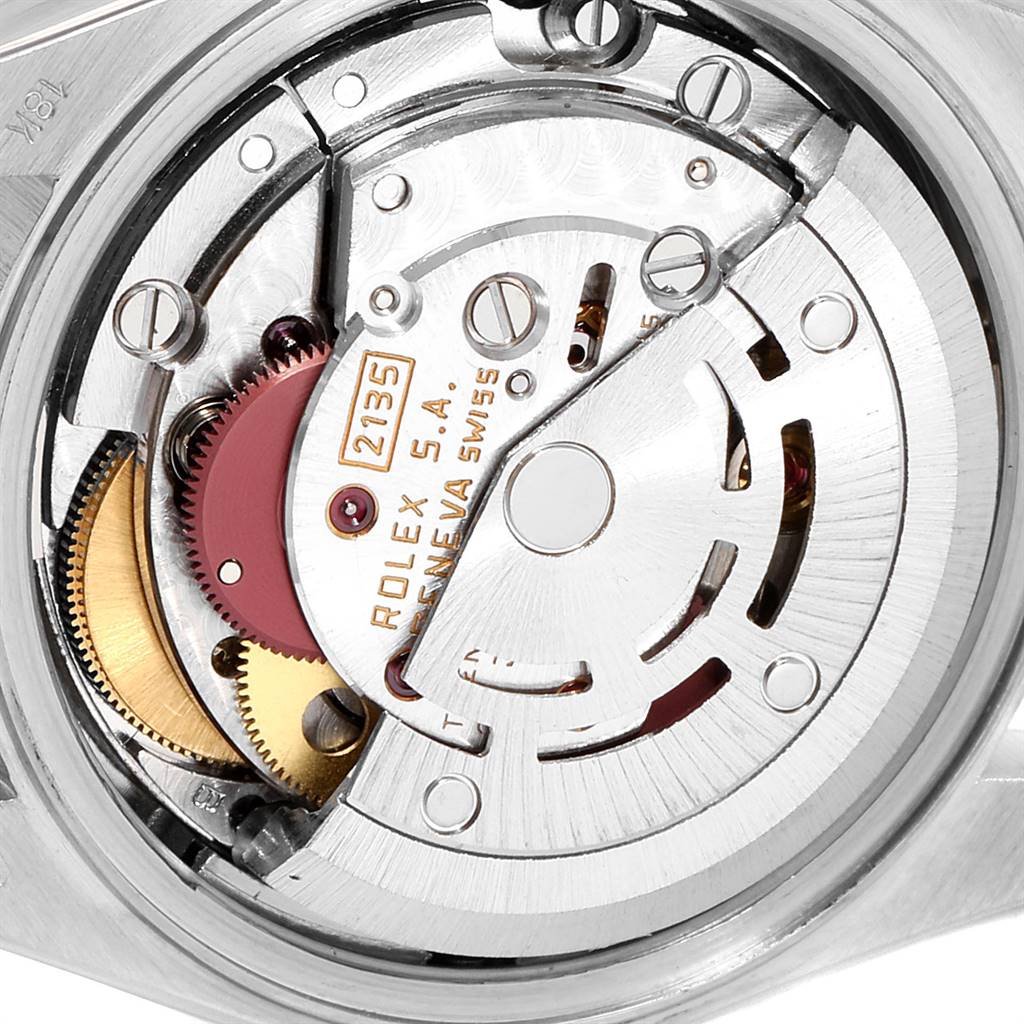 The image shows the internal mechanical movement parts of a Rolex President 69149 Women's White Gold Brown Dial 69149 Women's White Gold Brown Dial model watch at a close-up angle.