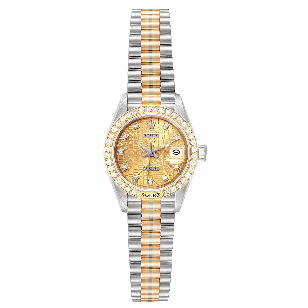 The image shows a Rolex President 69149 Women's White Gold Brown Dial 69149 Women's White Gold Brown Dial model watch from a front-facing angle, displaying the face, bezel, crown, and full bracelet.