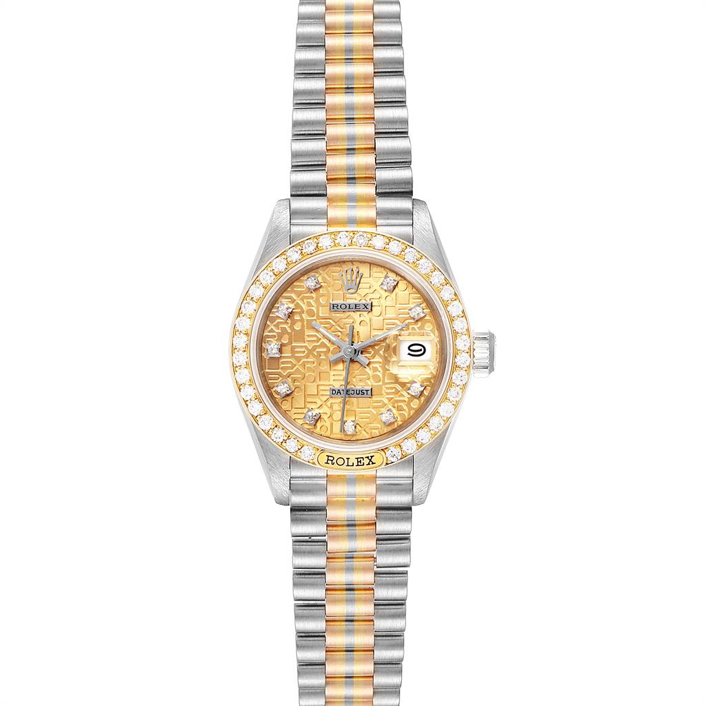 The image shows a front view of the Rolex President 69149 Women's White Gold Brown Dial 69149 Women's White Gold Brown Dial model watch with a gold and silver band, gold dial, and diamond bezel.