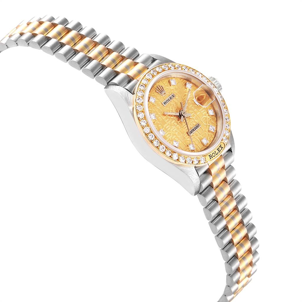 The image shows a side angle of a Rolex President 69149 Women's White Gold Brown Dial 69149 Women's White Gold Brown Dial model watch, highlighting the bracelet, bezel, and dial with diamond accents.