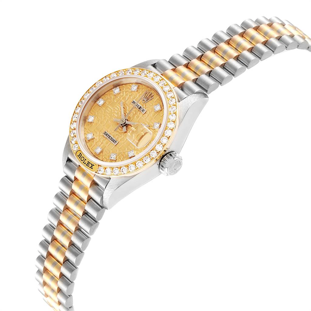 The image shows a Rolex President 69149 Women's White Gold Brown Dial 69149 Women's White Gold Brown Dial model watch at an angle displaying the face, bezel, case, and bracelet.