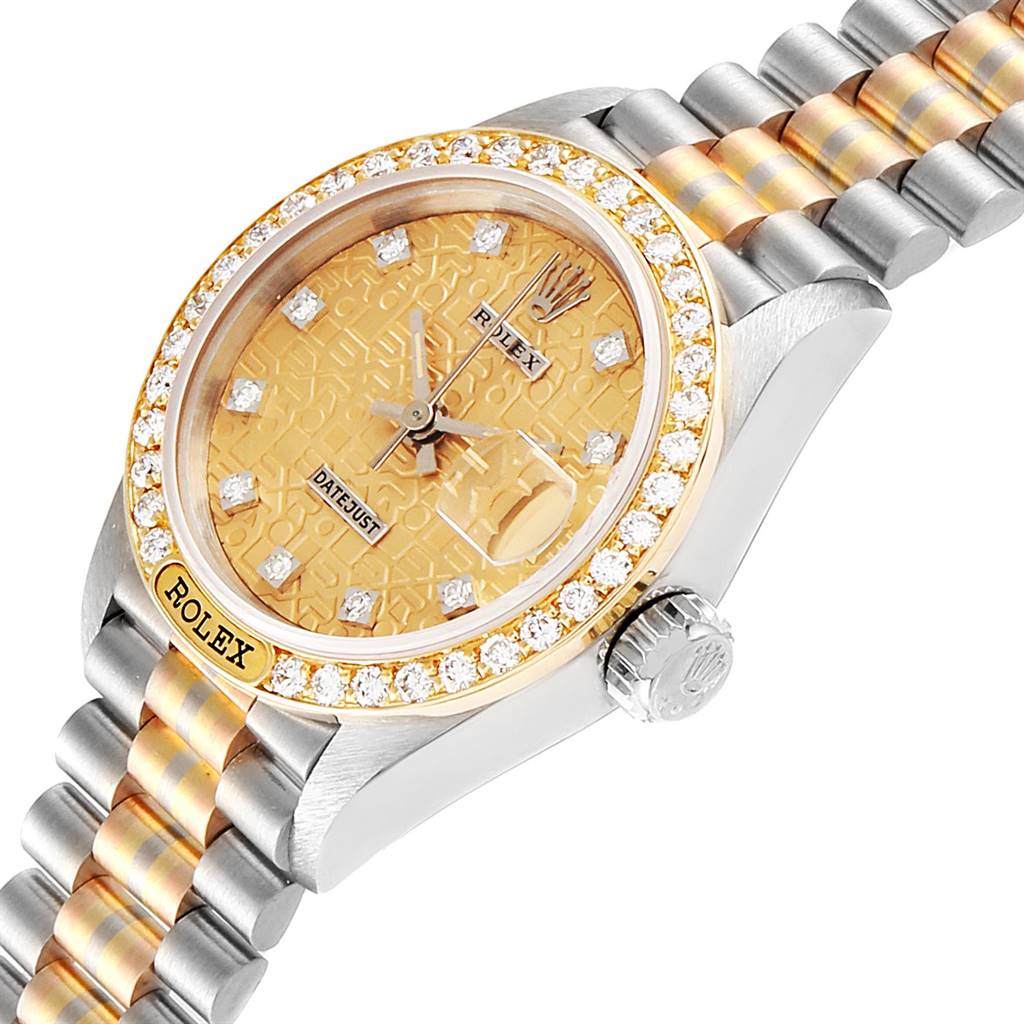 The Rolex President 69149 Women's White Gold Brown Dial 69149 Women's White Gold Brown Dial model watch is shown at an angle, highlighting its bezel, dial, crown, and part of the bracelet.