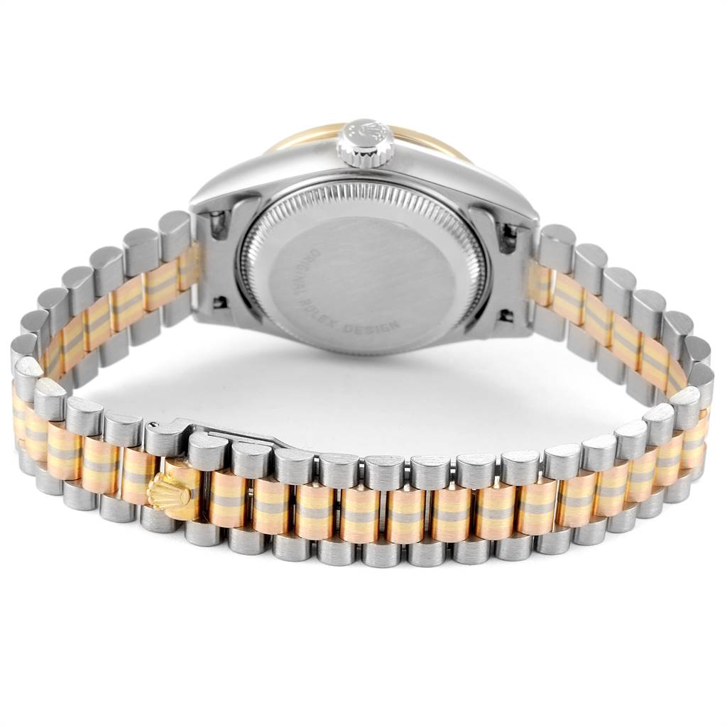 This image shows the back view of the Rolex President 69149 Women's White Gold Brown Dial 69149 Women's White Gold Brown Dial model, highlighting its case back and two-tone bracelet.