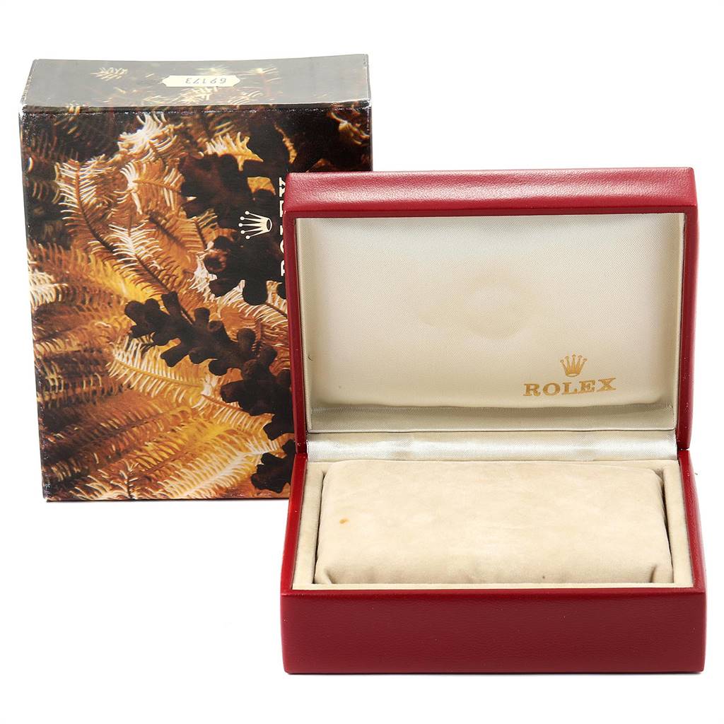 The image shows an open box and outer packaging for a Rolex President 69149 Women's White Gold Brown Dial 69149 Women's White Gold Brown Dial model watch, viewed from the front.