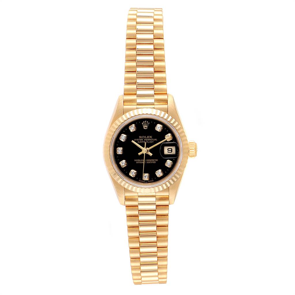 This image shows the Rolex President 79178 Women's Yellow Gold Black Dial 79178 Women's Yellow Gold Black Dial model watch from a top-down angle, highlighting the bezel, dial, and bracelet.