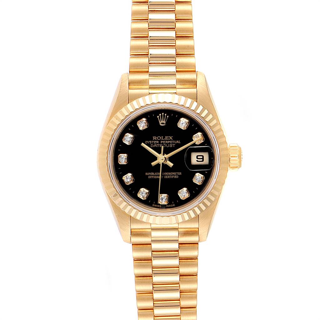 The image shows a front view of a Rolex President 79178 Women's Yellow Gold Black Dial 79178 Women's Yellow Gold Black Dial model, showcasing its golden bracelet, black dial, diamond hour markers, and date window.