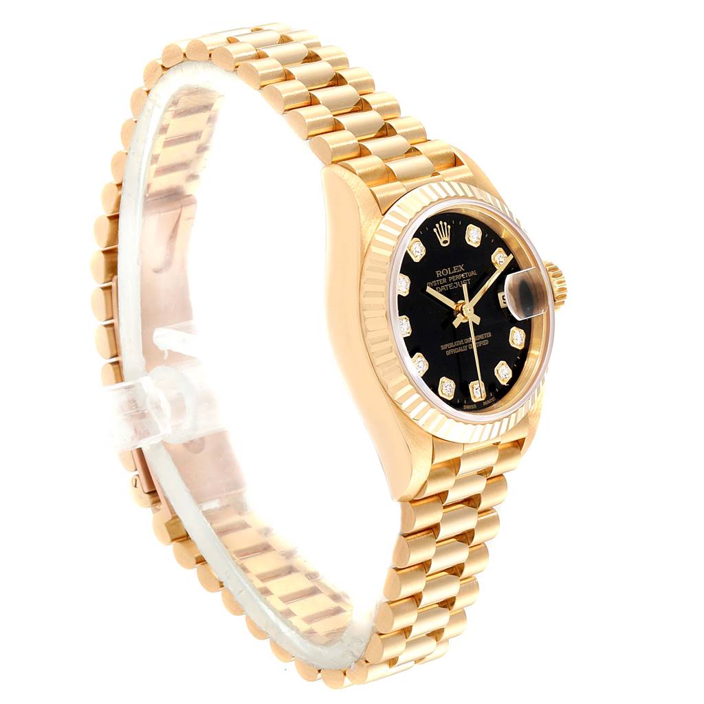This image shows a side angle of the Rolex President 79178 Women's Yellow Gold Black Dial 79178 Women's Yellow Gold Black Dial model watch, highlighting its gold bracelet and black dial.