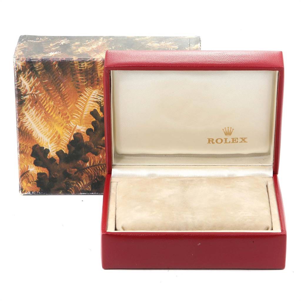 The image shows an empty Rolex President 69178 Women's Yellow Gold Beige Dial 69178 Women's Yellow Gold Beige Dial model watch box with the lid open, revealing the interior and the Rolex logo.