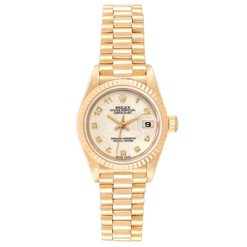 The image shows a Rolex President 69178 Women's Yellow Gold Beige Dial 69178 Women's Yellow Gold Beige Dial model watch in a straight-on angle, displaying its face, bezel, and full bracelet.