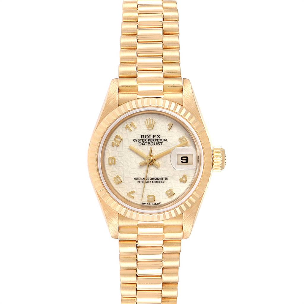 The image shows a front view of a Rolex President 69178 Women's Yellow Gold Beige Dial 69178 Women's Yellow Gold Beige Dial model, displaying its dial, bezel, crown, and bracelet.