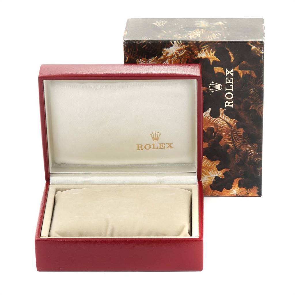The image shows an open Rolex President 69138 Women
s Yellow Gold Champagne Dial 69138 Women
s Yellow Gold Champagne Dial watch box and its outer packaging, viewed from the front.