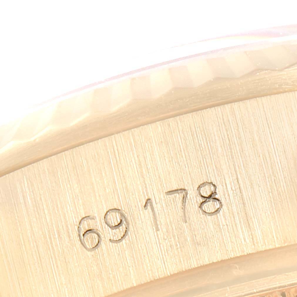 This close-up image shows the reference number "69178" engraved on the side of the Rolex President 69178 Women's Yellow Gold Blue Dial 69178 Women's Yellow Gold Blue Dial model.