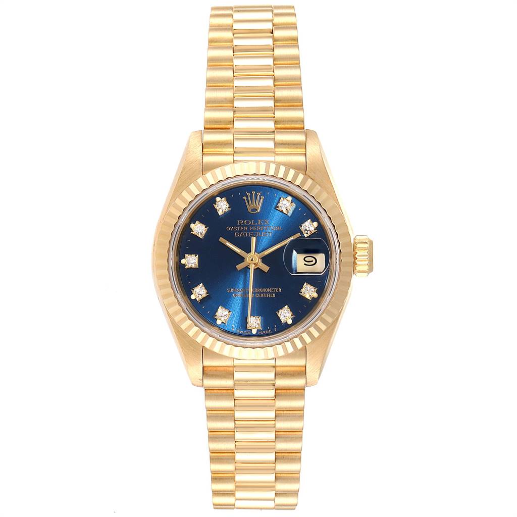 This is a front view of a Rolex President 69178 Women's Yellow Gold Blue Dial 69178 Women's Yellow Gold Blue Dial model watch, showcasing its blue dial, gold case, and bracelet.