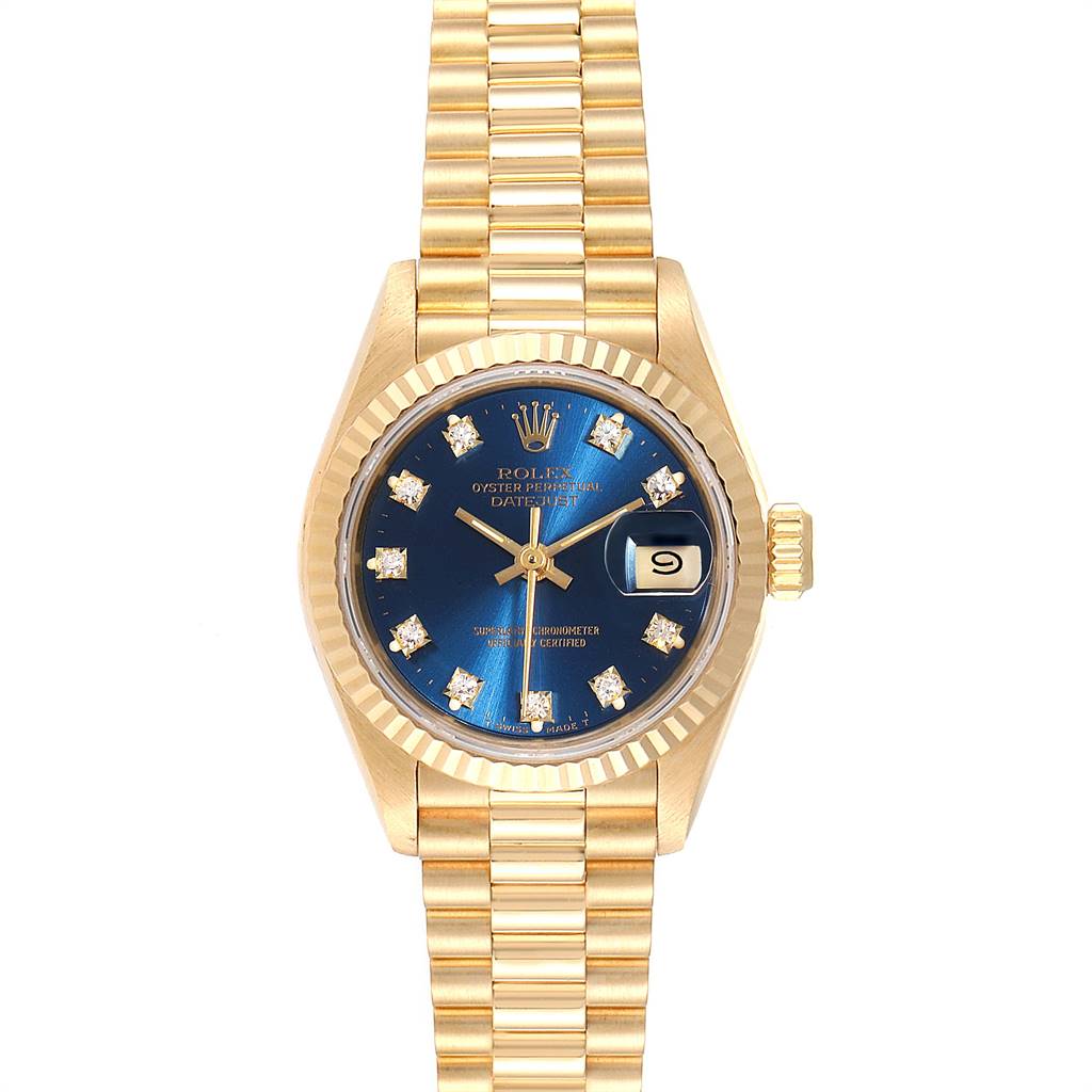This is a head-on view of the Rolex President 69178 Women's Yellow Gold Blue Dial 69178 Women's Yellow Gold Blue Dial watch, showing the face, hands, bezel, and bracelet.