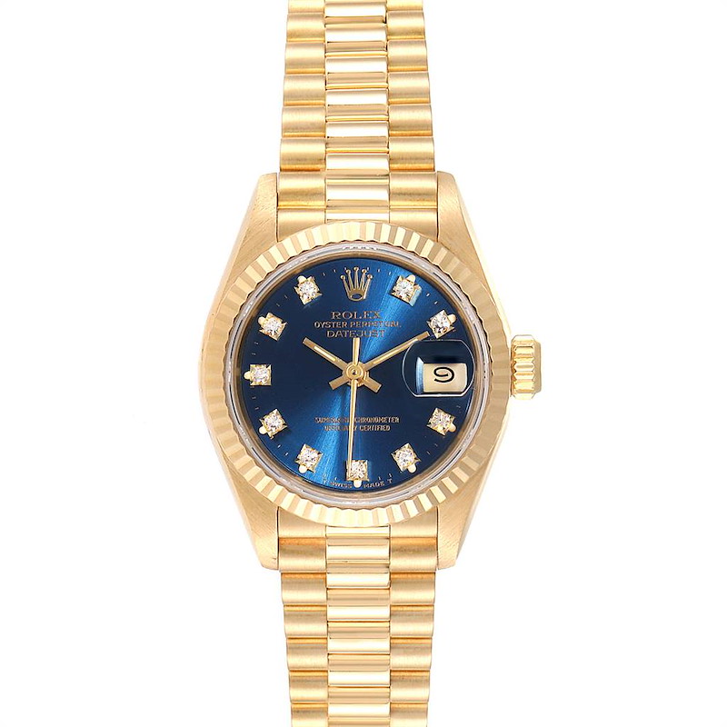 Rolex President Datejust Yellow Gold Blue Diamond Dial Ladies Watch 69178 SwissWatchExpo