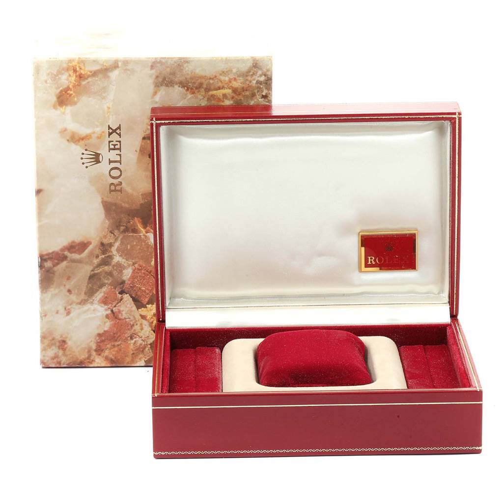 The image shows an open empty box for a Rolex President 69158 Women's Yellow Gold Silver Dial 69158 Women's Yellow Gold Silver Dial model watch, with the outer packaging in the background.