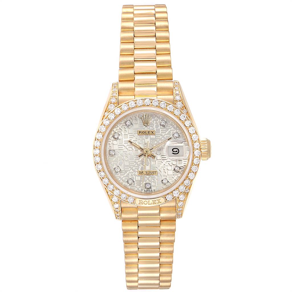 The image shows a Rolex President 69158 Women's Yellow Gold Silver Dial 69158 Women's Yellow Gold Silver Dial model watch from a top-down angle, highlighting its gold band, diamond bezel, and dial.