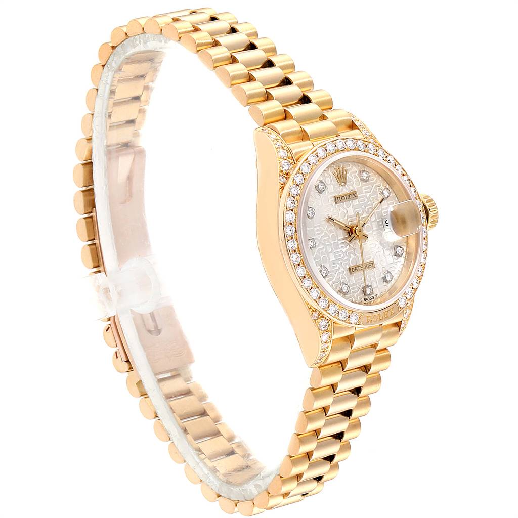 The image shows a side angle of the Rolex President 69158 Women's Yellow Gold Silver Dial 69158 Women's Yellow Gold Silver Dial model watch, highlighting its gold bracelet and diamond-embellished bezel.