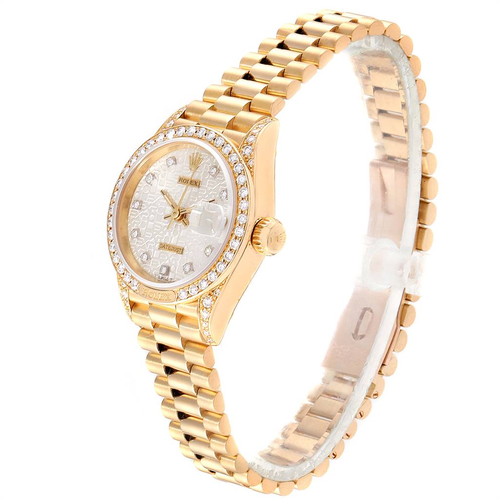 The image shows a side and front view of the Rolex President 69158 Women's Yellow Gold Silver Dial 69158 Women's Yellow Gold Silver Dial model watch, showcasing the bracelet, dial, and bezel.