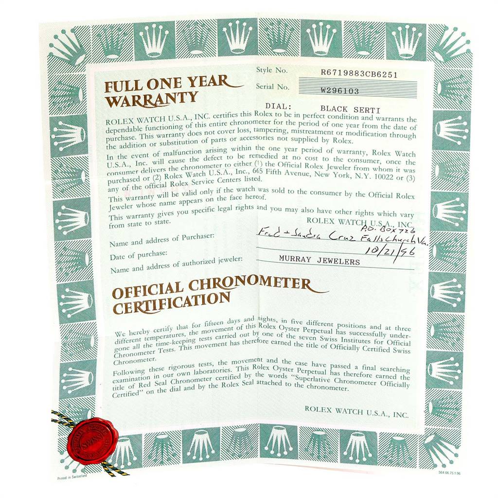 The image shows the warranty and official chronometer certification for the Rolex President 67198 Women's Yellow Gold Black Dial 67198 Women's Yellow Gold Black Dial watch model.