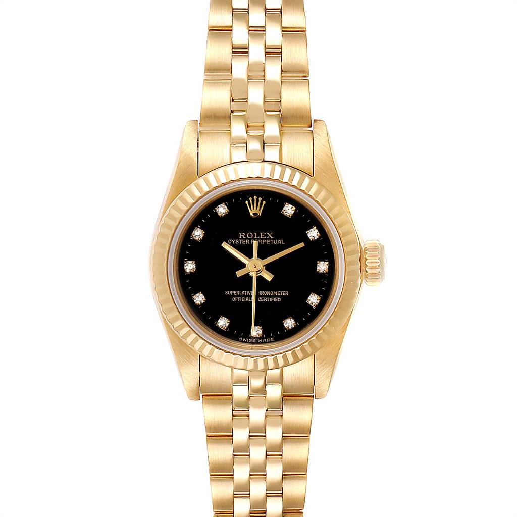 The image shows a front view of a Rolex President 67198 Women's Yellow Gold Black Dial 67198 Women's Yellow Gold Black Dial model watch, highlighting the gold bracelet, black dial, and fluted bezel.