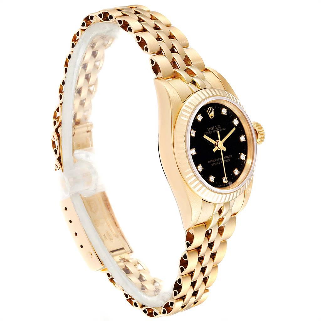 This image shows a side angle of a Rolex President 67198 Women's Yellow Gold Black Dial 67198 Women's Yellow Gold Black Dial model watch, highlighting its gold bracelet, case, and black dial with diamond markers.